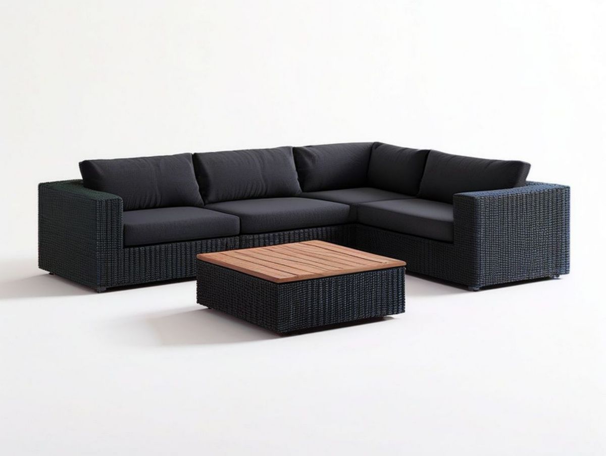 Gartenlounge-Ecksofa mit Couchtisch, 245 x 190 cm, Schwarz/Braun