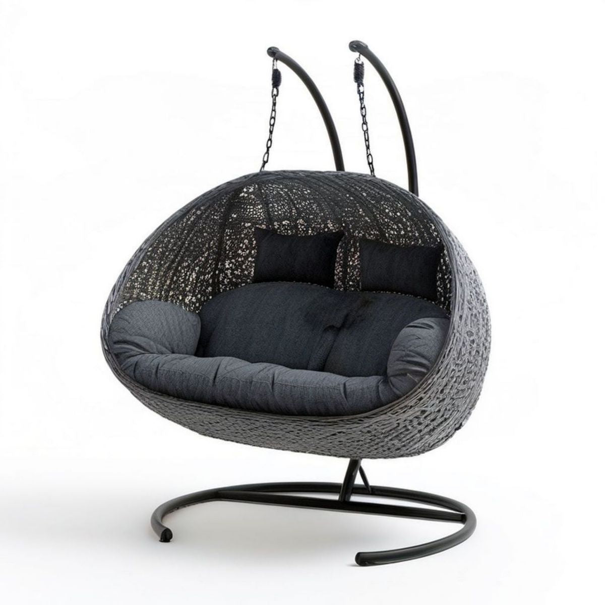Doppel-Hängesessel in Kugelform aus PE-Rattan und Stahl, 200 x 145 x 120 cm, Schwarz