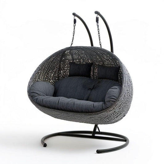Doppel-Hängesessel in Kugelform aus PE-Rattan und Stahl, 200 x 145 x 120 cm, Schwarz