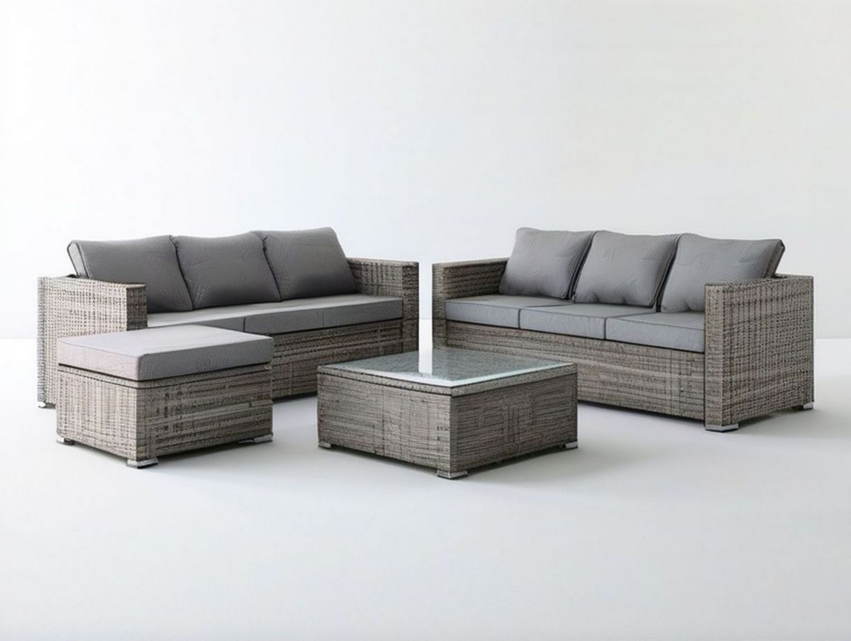 4-teiliges Gartenloungeset aus PE-Rattan in Graubraun/Grau mit 2 Sofas, Hocker und Couchtisch, Sofa 200 × 75 × 65 cm