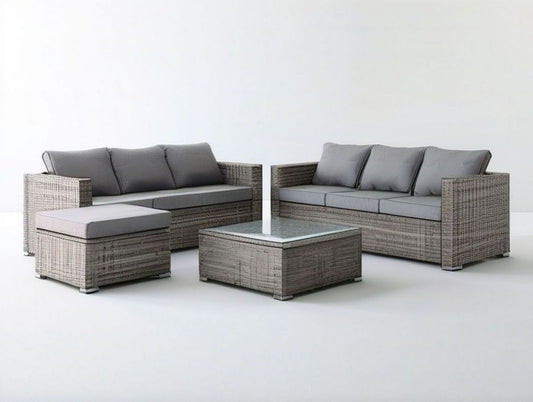 4-teiliges Gartenloungeset aus PE-Rattan in Graubraun/Grau mit 2 Sofas, Hocker und Couchtisch, Sofa 200 × 75 × 65 cm
