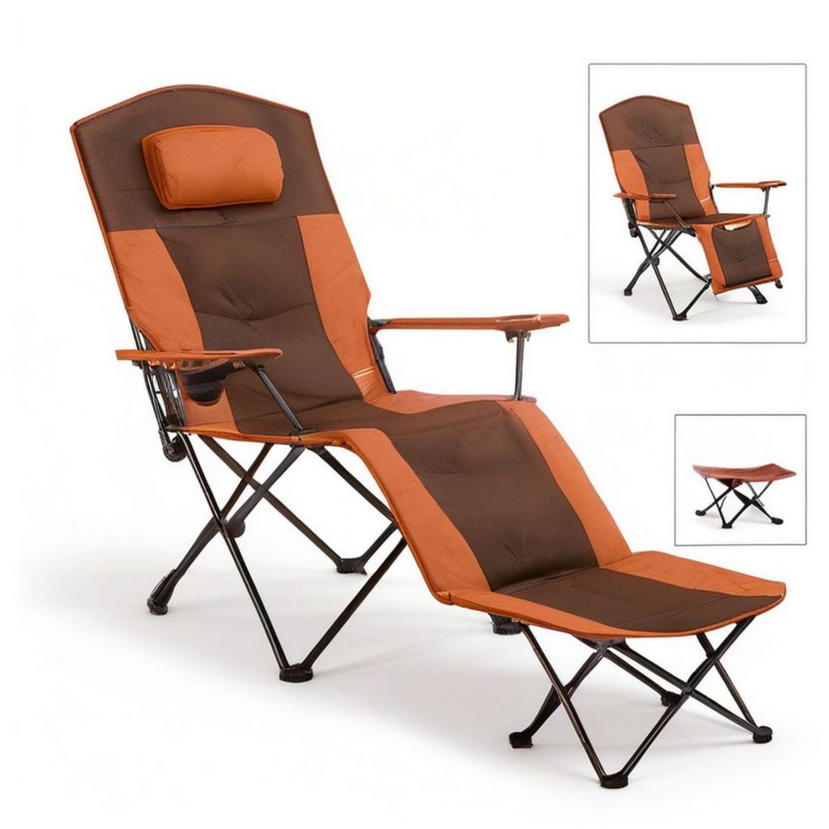 Verstellbarer Campingstuhl mit Fusshocker, Braun/Orange, 165 x 60 x 95 cm