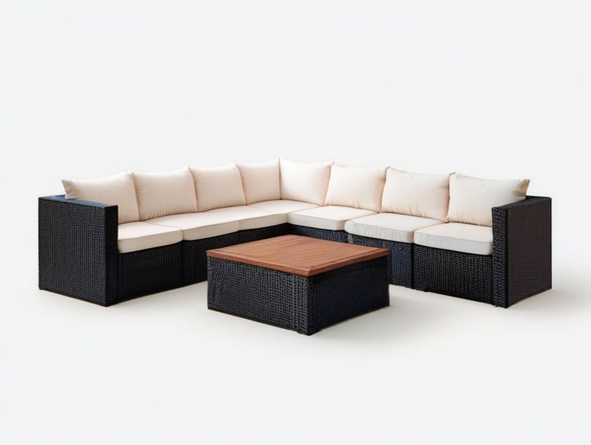 Ecksofa in L-Form mit Couchtisch, 280 x 210 x 65 cm, Schwarz/Creme/Braun