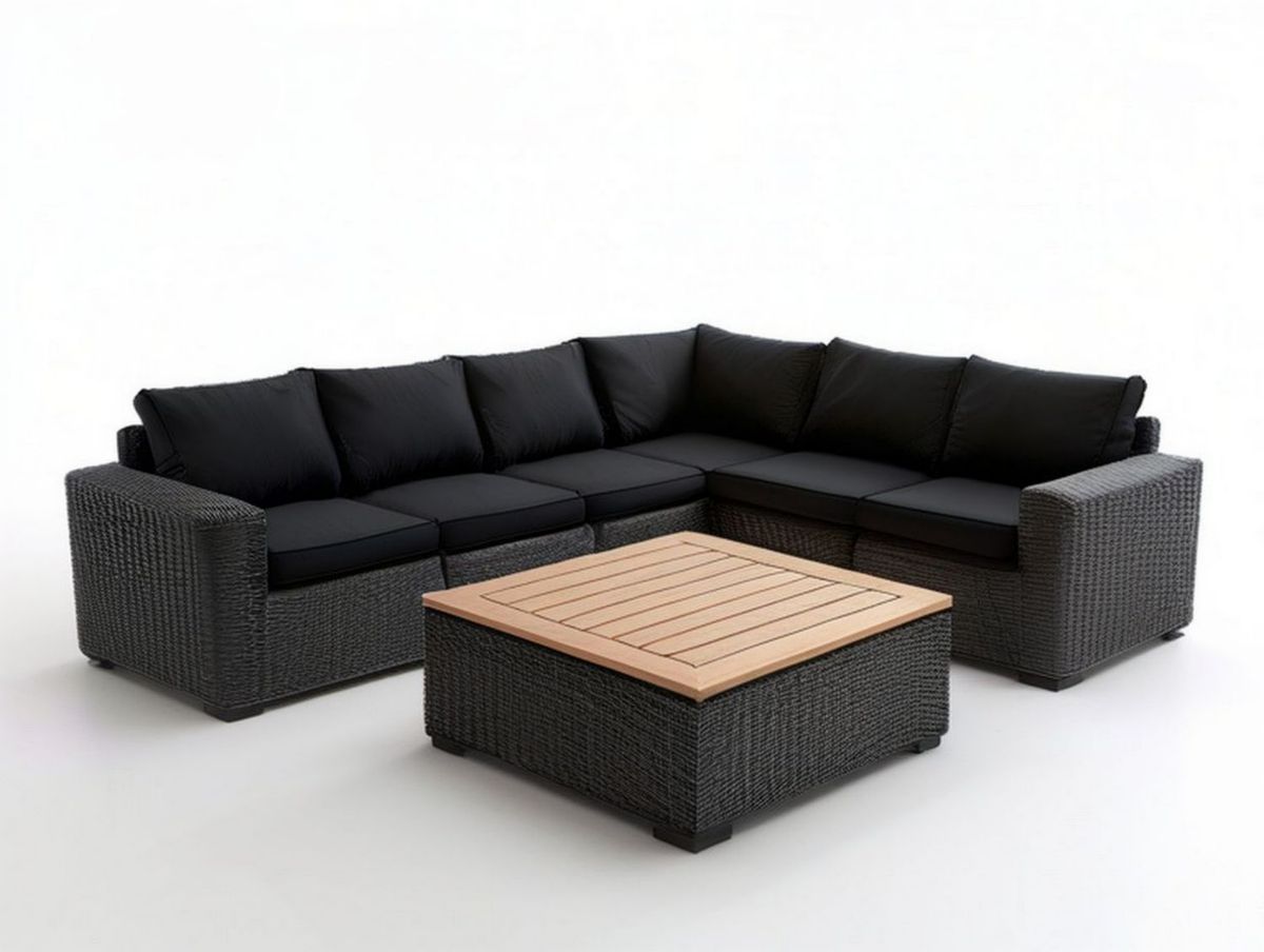 5-Sitzer Gartenlounge mit Couchtisch, 270 x 210 cm, Schwarz/Natur