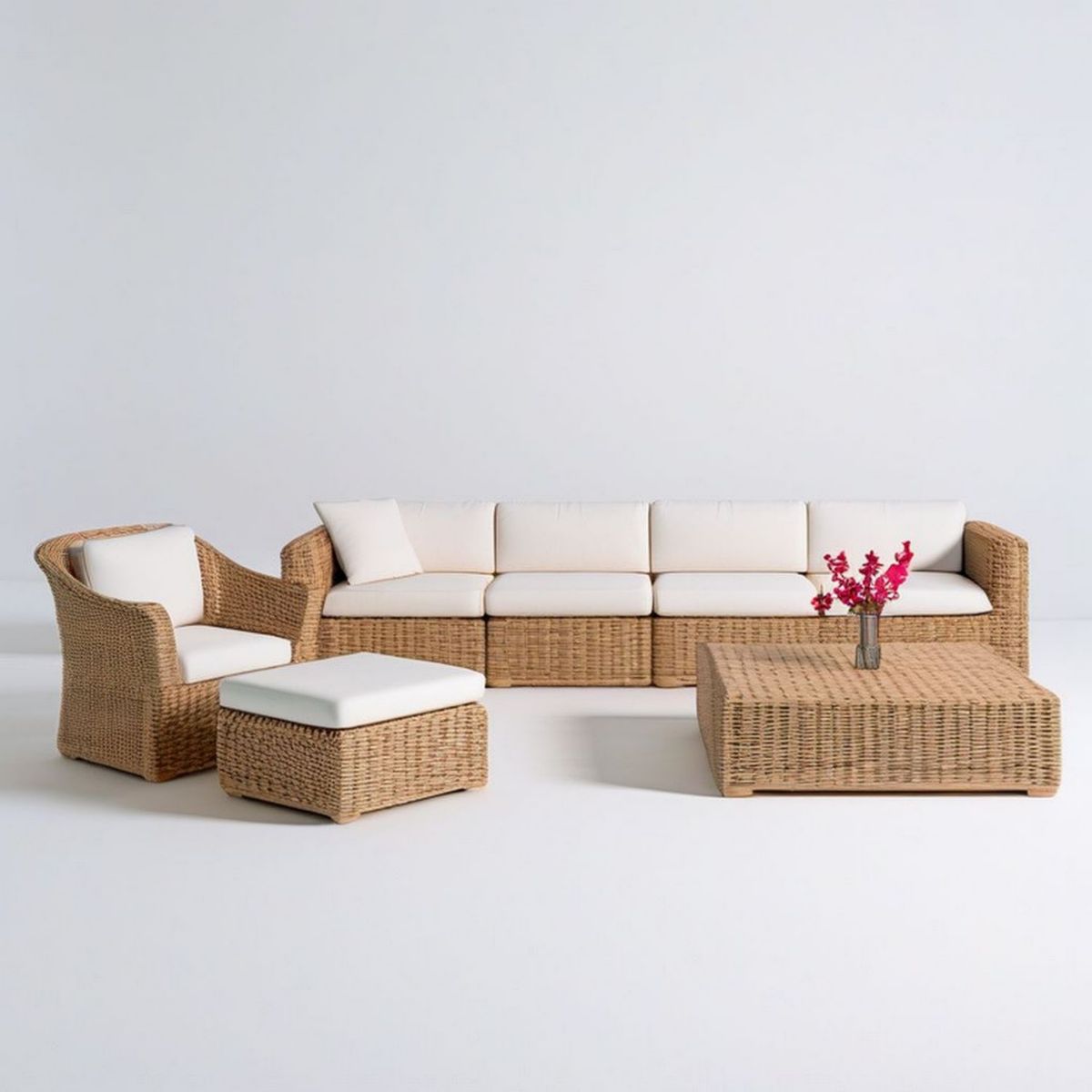 7-teiliges Rattan-Loungeset Naturbeige/Cremeweiss für 5 Personen, Sofa 320 x 80 x 78 cm