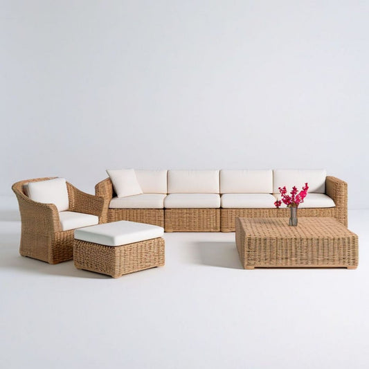 7-teiliges Rattan-Loungeset Naturbeige/Cremeweiss für 5 Personen, Sofa 320 x 80 x 78 cm