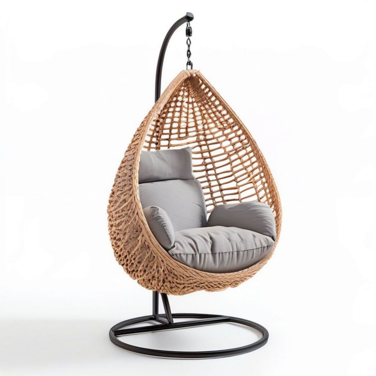 Hängesessel mit Stahlgestell, Polyrattan in Natur/Grau/Schwarz, 105 x 95 x 195 cm