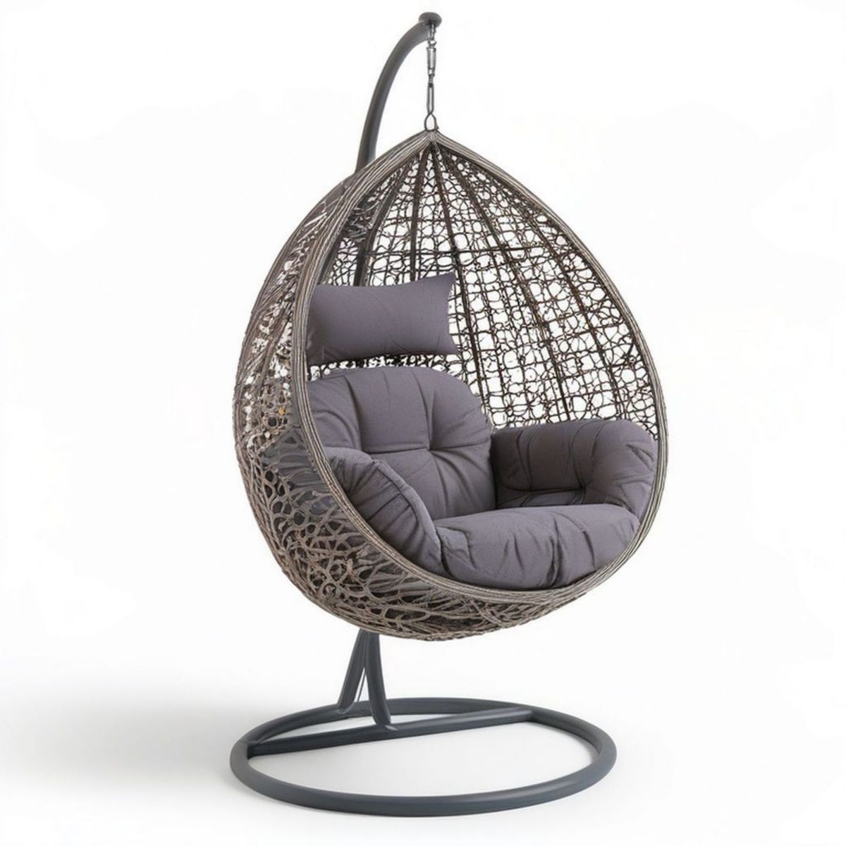 Ovaler Hängesessel mit Gestell, PE-Rattan und Stahl, 105 × 105 × 195 cm, Grau/Braun/Dunkelgrau