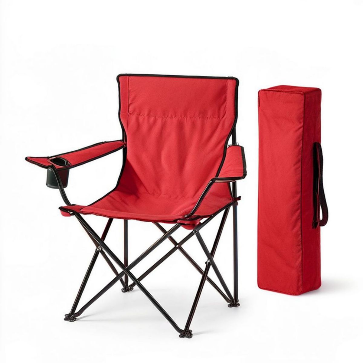 Klappbarer Campingstuhl Rot/Schwarz mit Armlehnen, Getränkehalter und Tragetasche, 80 x 50 x 80 cm