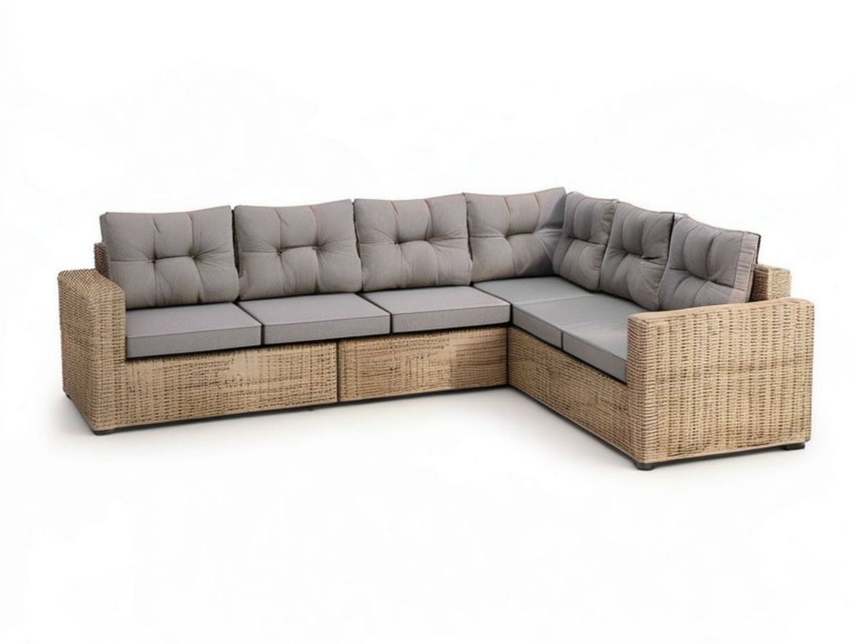 Garten-Ecksofa in L-Form, 280 x 220 x 75 cm, Naturbeige/Grau, PE-Rattan mit Polyesterkissen