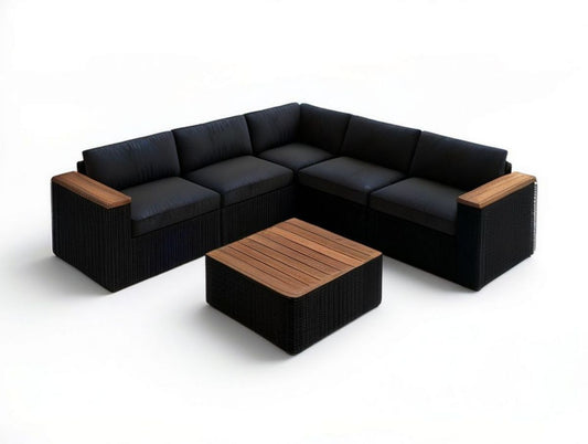 6-teiliges Gartenlounge-Set mit Ecksofa und Couchtisch, 250 x 250 x 65 cm, Schwarz/Braun, PE-Rattan und Akazienholz