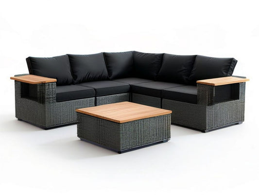 Gartenlounge-Ecksofa, 5-Sitzer, 220 x 220 x 70 cm, mit Couchtisch 100 x 60 x 40 cm, Schwarz/Natur