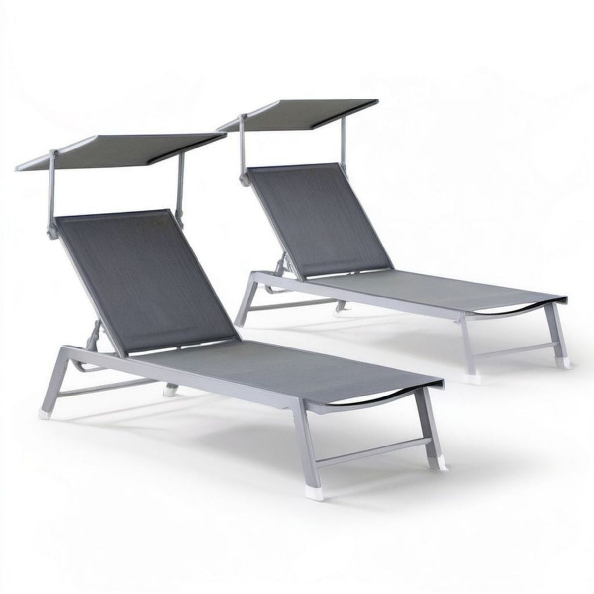 2er-Set verstellbare Gartenliegen mit klappbarem Sonnendach, 188 x 60 x 30 cm, Silber/Grau