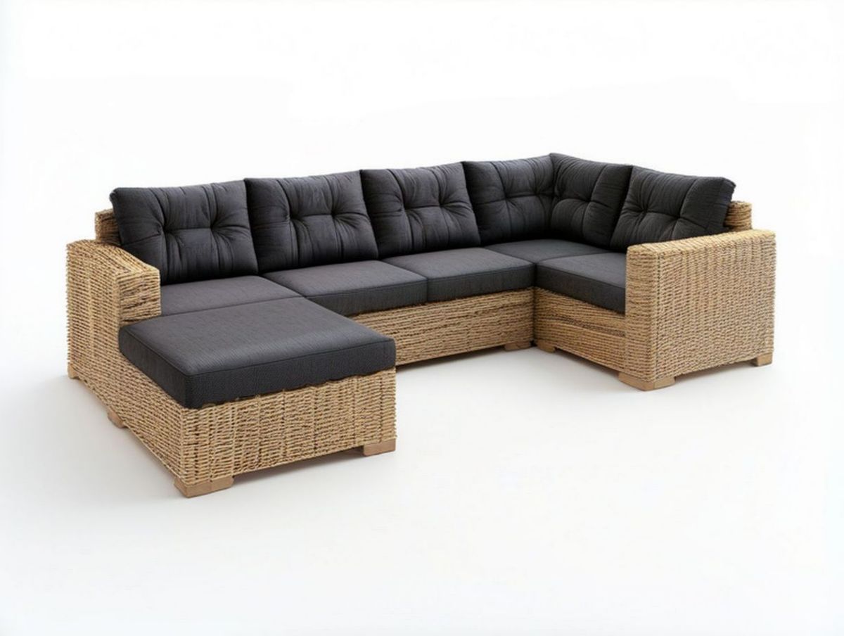 Gartenlounge-Ecksofa mit linksseitiger Ottomane, 5 Sitzplätze, 260 × 200 × 85 cm, Natur/Dunkelgrau