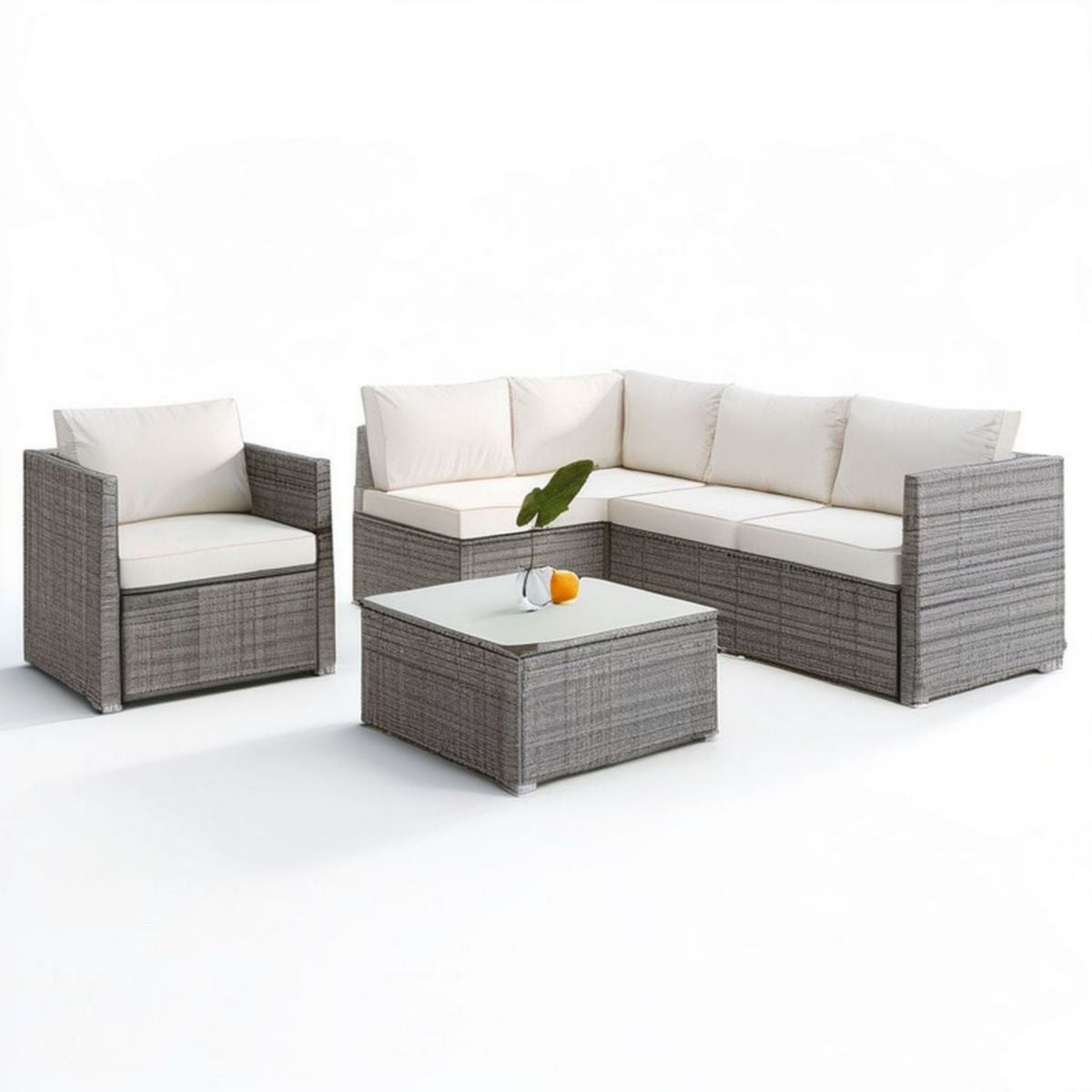 4-teiliges Gartenlounge-Set mit Ecksofa, Sessel und Couchtisch, 180 x 180 cm, Grau/Cremeweiss, PE-Rattan