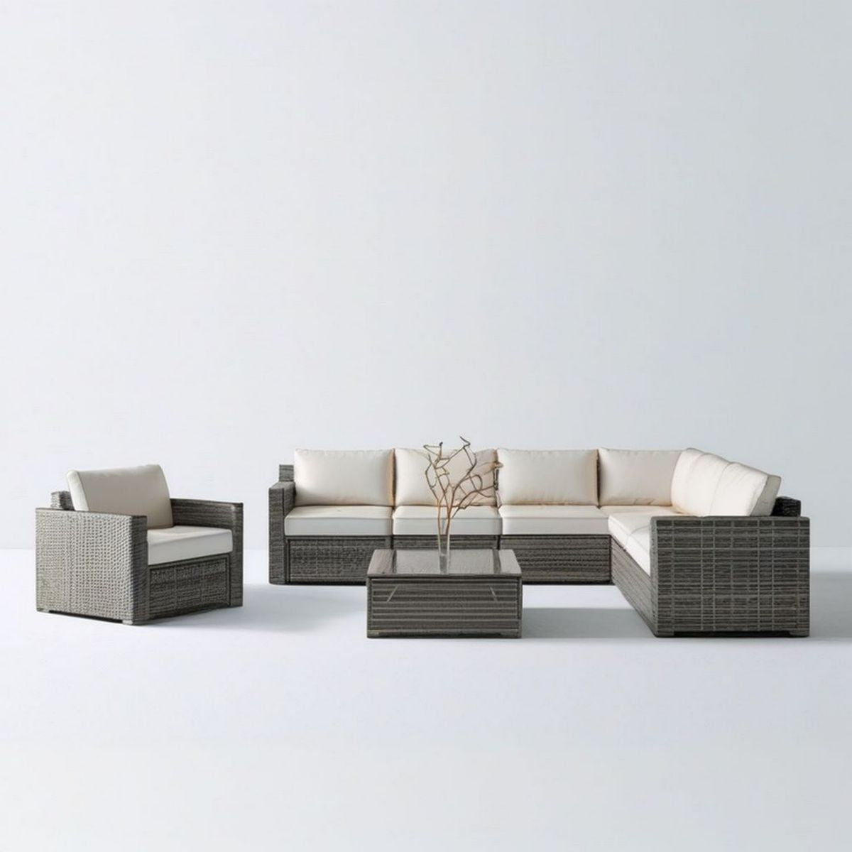 3-teiliges Gartenlounge-Set aus PE-Rattan mit Ecksofa, Sessel und Glastisch, 220 x 150 x 65 cm, Grau/Beige