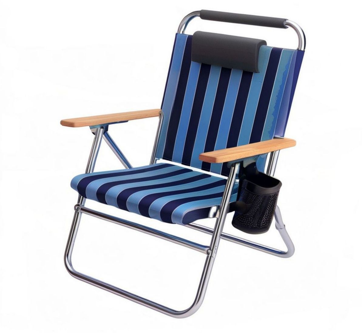 Klappbarer Campingstuhl 58 x 65 x 85 cm Blau/Dunkelblau gestreift mit Aluminiumgestell, Holzarmlehnen, Kopfstütze und Getränkehalter