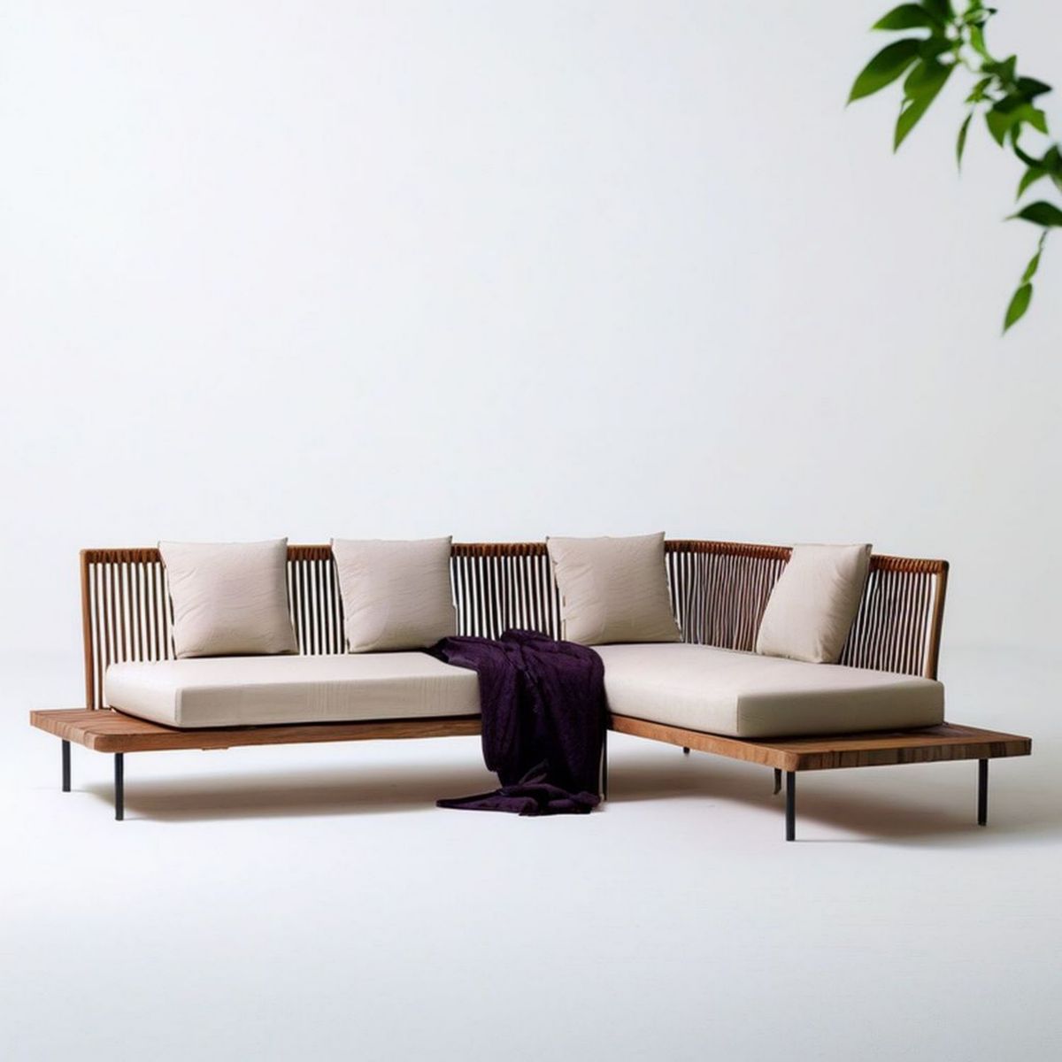 Garten-Ecksofa, 4-Sitzer, L-Form rechts, 300 x 200 x 76 cm, Beige/Braun/Schwarz
